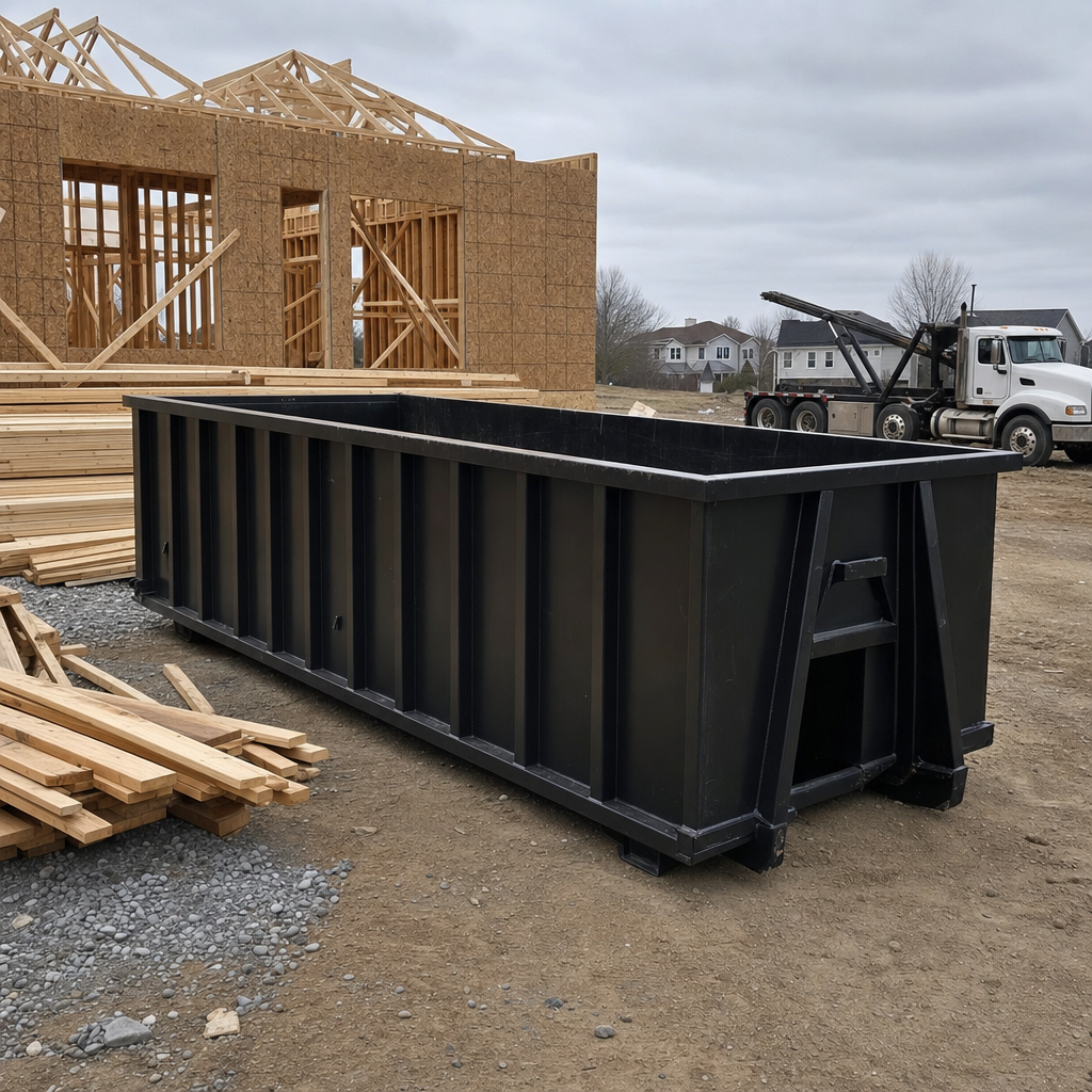 Matte-black 40-yard roll-off dumpster staged on a framed-out residential construction site in Gilbert, framing lumber stacked nearby, hooklift delivery truck visible in the background under bright Colorado daylight