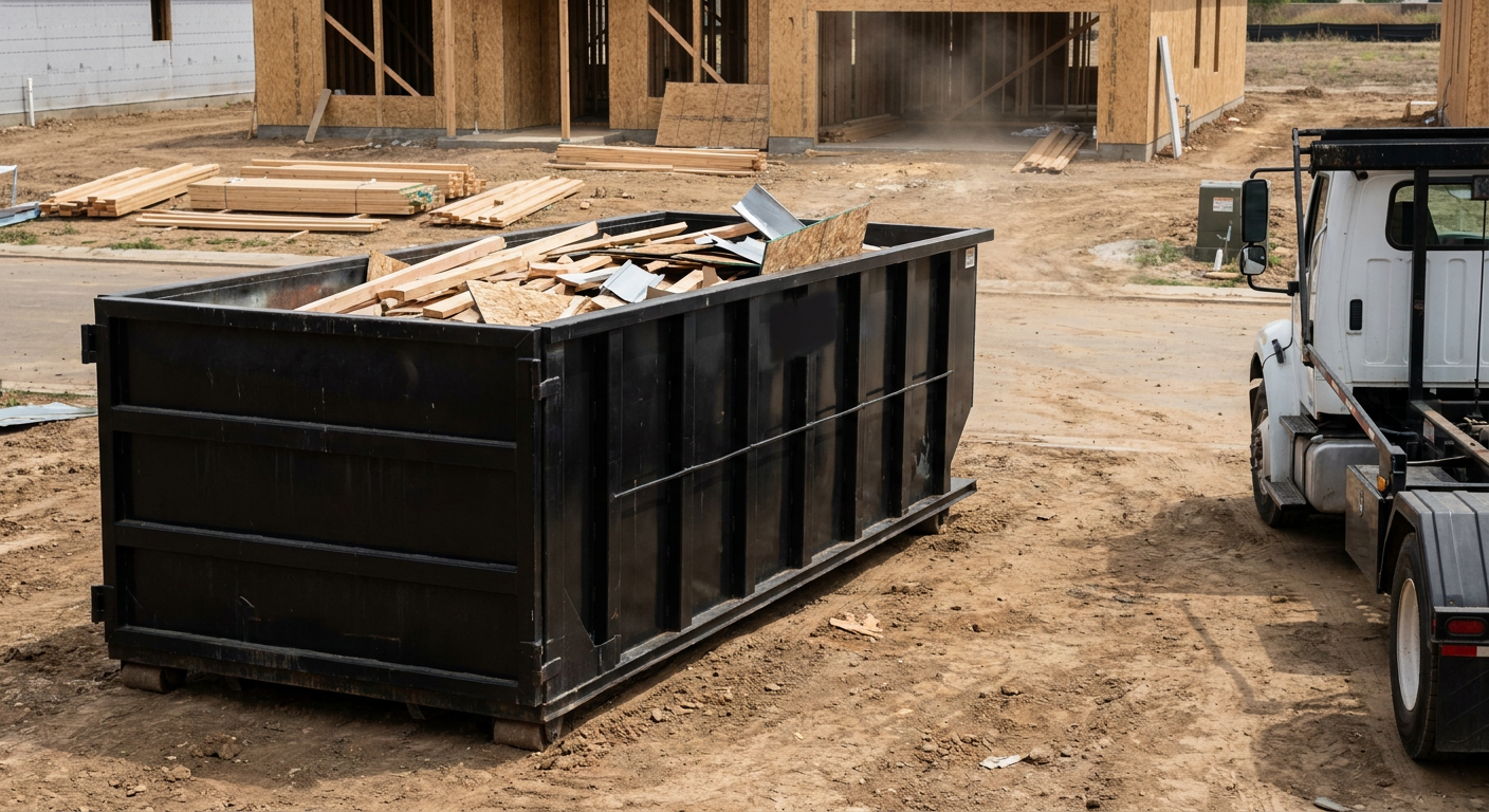Matte-black 20-yard roll-off construction dumpster with heavy ribbed steel sidewalls and swing rear doors at a working jobsite in Gilbert, sitting directly on compacted dirt with an unmarked white hauler partially visible at the far edge of the frame.