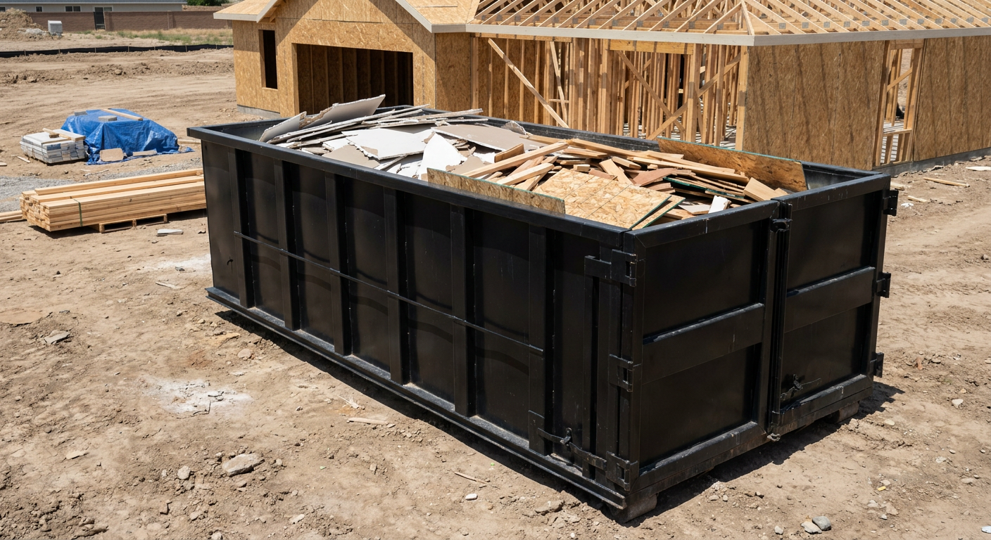 Matte-black 30-yard roll-off construction dumpster sitting directly on the compacted-dirt site of a framed single-family home build in Gilbert, drywall and lumber scrap loaded inside.