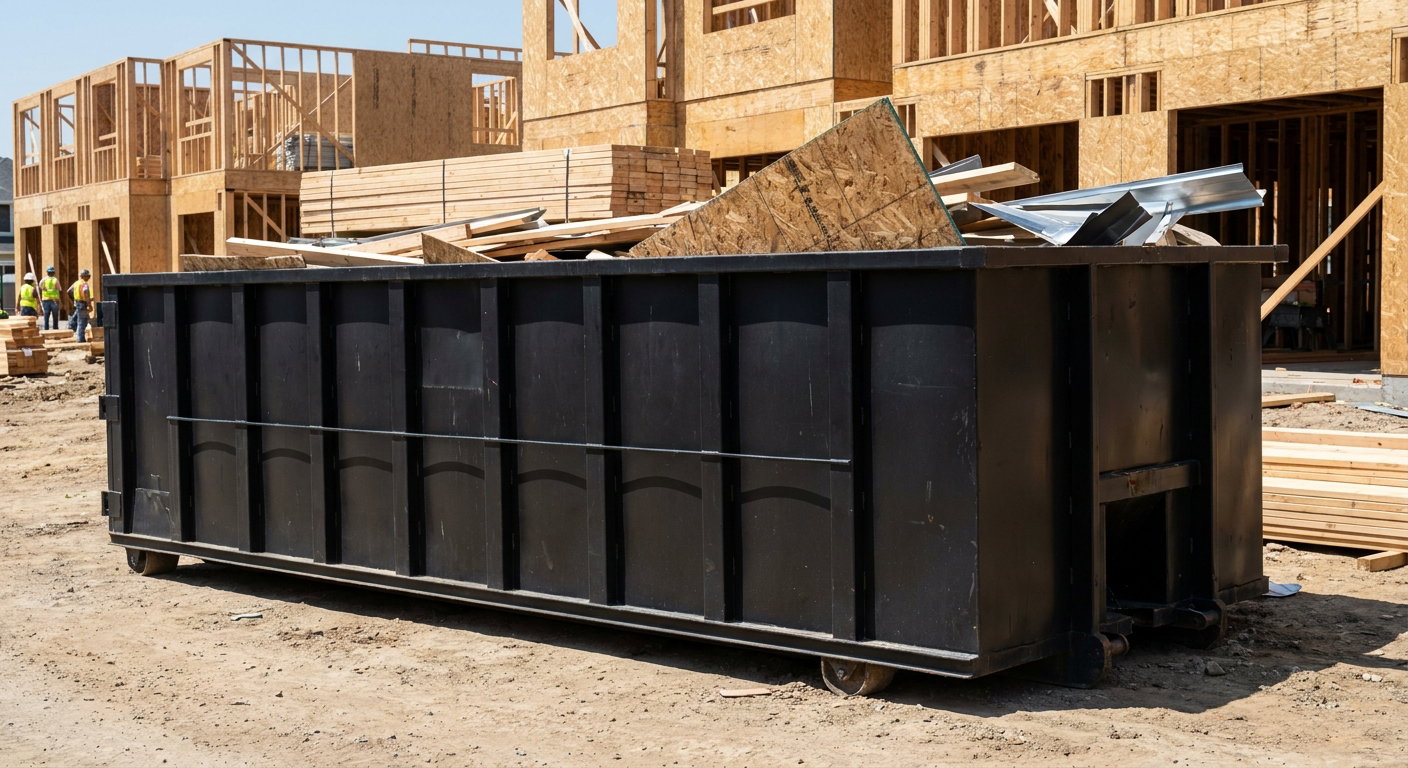 Matte-black 40-yard roll-off construction dumpster being lowered from a white-cab hooklift delivery truck onto the compacted-dirt jobsite at a commercial build site in Gilbert