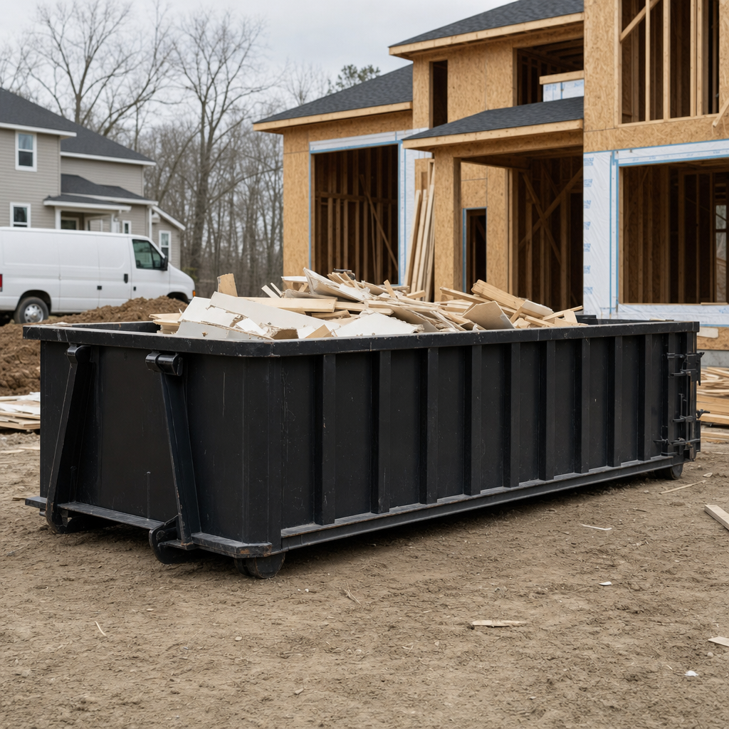 Worker in a yellow high-visibility vest tossing framing lumber and broken drywall into a matte-black 30-yard construction roll-off dumpster on an active build site in Gilbert, bright daylight