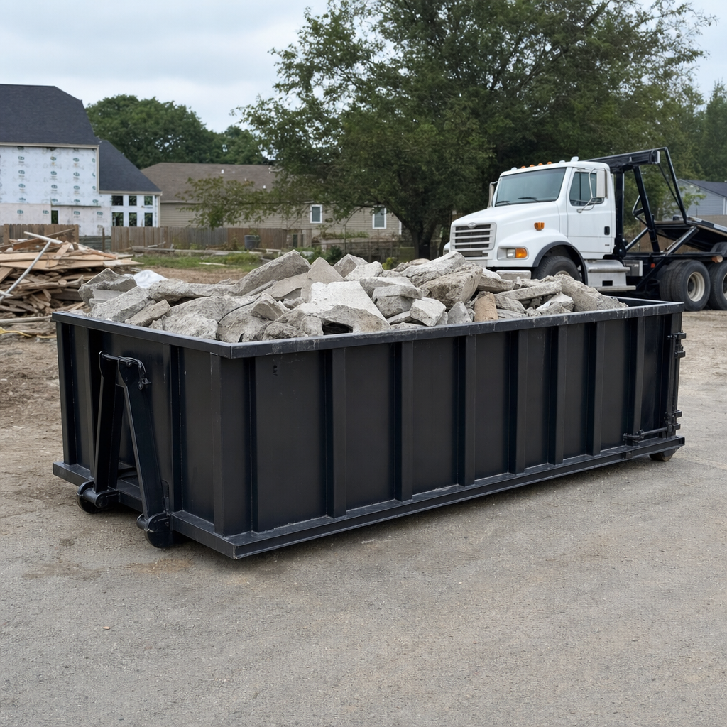 Low-profile matte-black lowboy roll-off dumpster loaded with broken concrete slab and rebar at a foundation tear-out in Gilbert, skid steer parked beside it, sunny Colorado morning