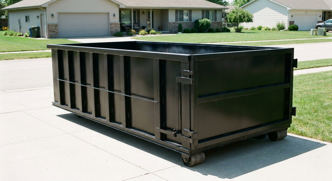 Matte-black 10-yard roll-off dumpster on a residential concrete driveway in Gilbert, uniformly painted matte black across every panel and rail, ribbed steel sidewalls and rear swing door visible, mid-day daylight.