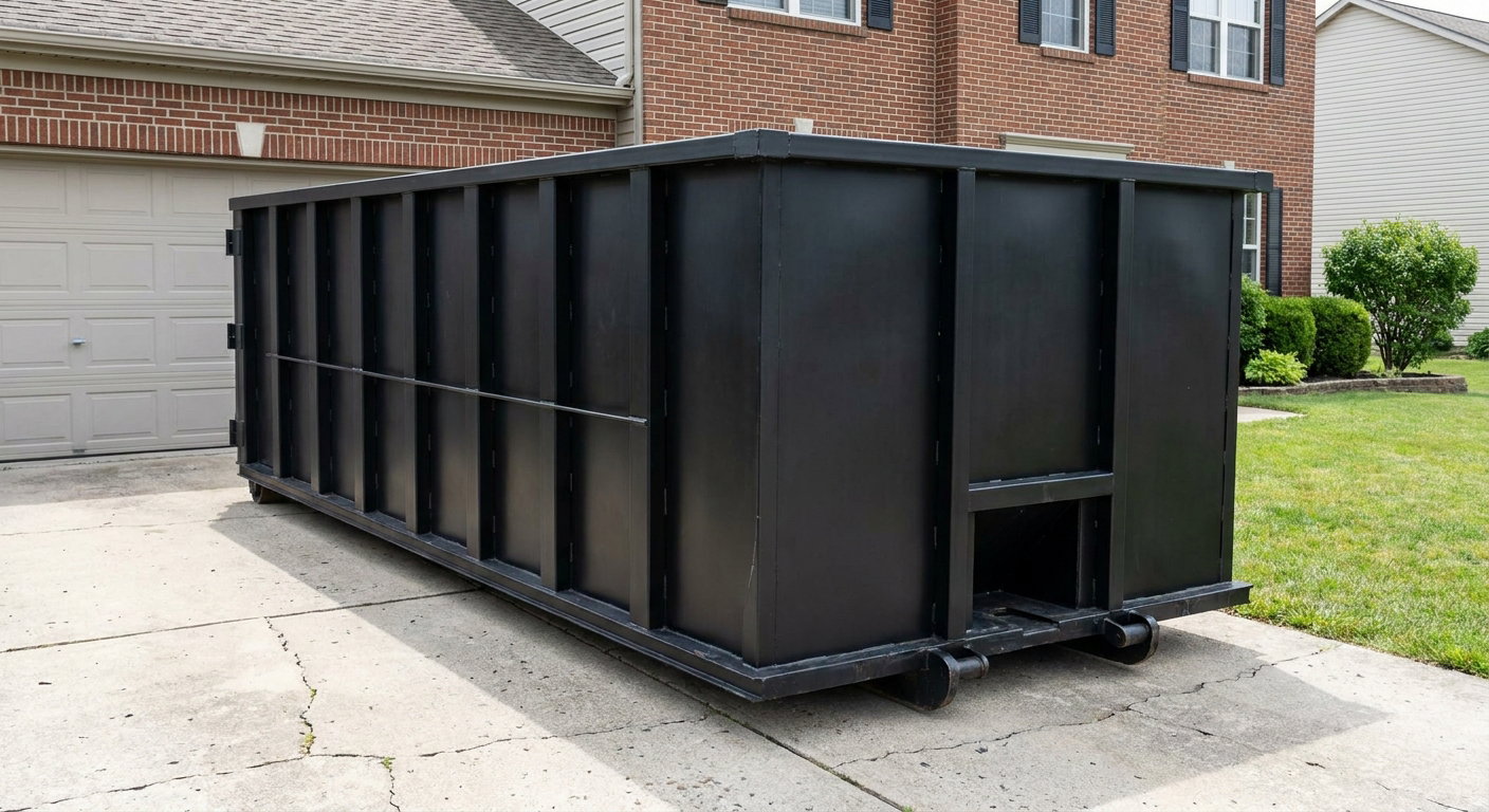Matte-black 20-yard roll-off container on a Gilbert residential concrete driveway with reinforced ribbed steel sidewalls and a hinged rear walk-in door, clean bright daylight.
