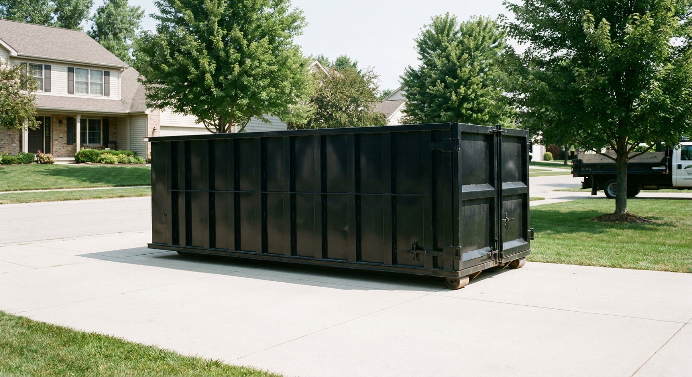 Matte-black 20-yard roll-off dumpster sitting level on a clean Gilbert residential concrete driveway under bright daylight, demonstrating clean placement directly on the concrete.