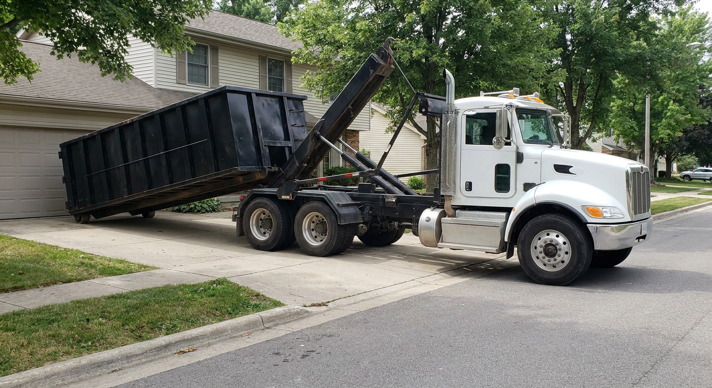 White-cab hooklift roll-off truck actively lowering a matte-black dumpster onto a Gilbert residential concrete driveway, the dumpster's rear wheels touching the driveway as the hoist arm tilts the bed forward, mid-morning daylight.