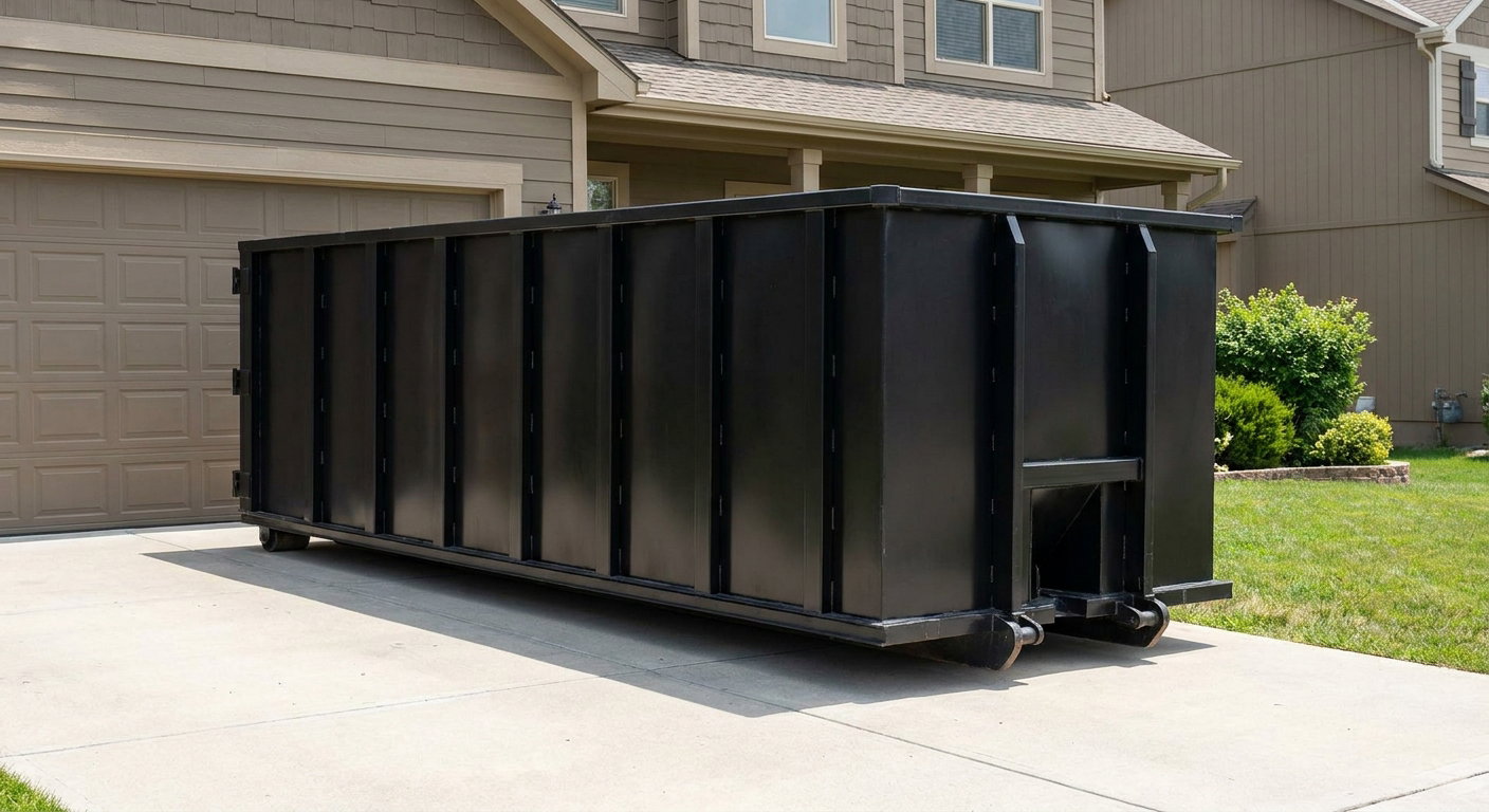 Matte-black residential roll-off dumpster sitting directly on a suburban Gilbert concrete driveway, garage door closed, single-family home in background, bright morning daylight.