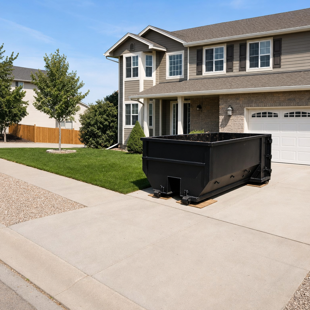 10-yard matte-black residential dumpster placed directly on a narrow Gilbert concrete driveway, room remains for a parked sedan beside it, mid-morning natural light