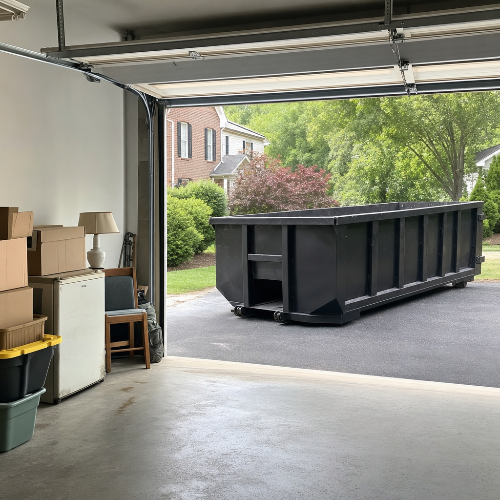 Open garage interior in a Gilbert home mid-cleanout — boxed items, an old appliance, and stacked yard tools queued near the driveway for a matte-black roll-off dumpster, organized and calm