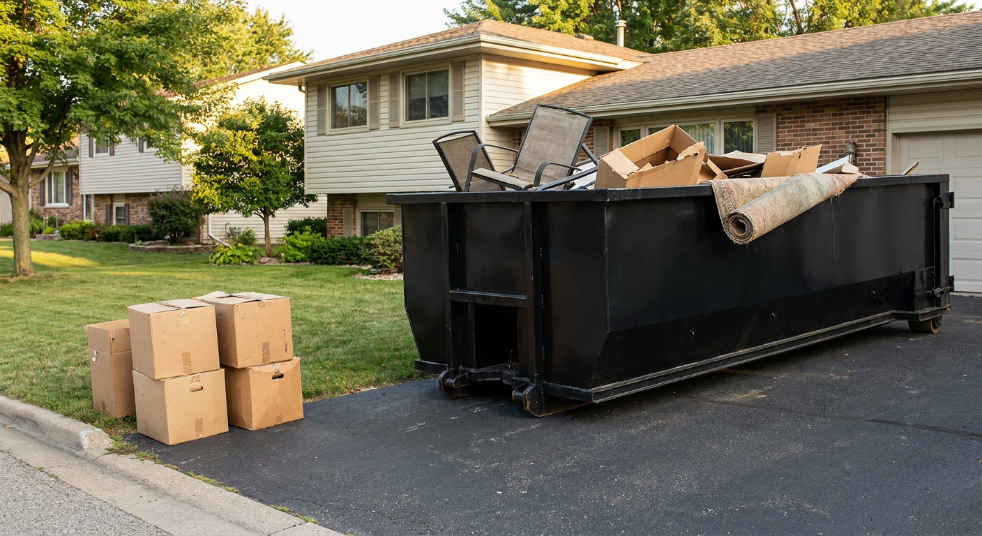 Front-yard view of a Gilbert split-level home with a 20-yard matte-black roll-off dumpster sitting directly on the asphalt driveway, a few clearly labeled donation boxes staged at the curb, calm sunny afternoon.
