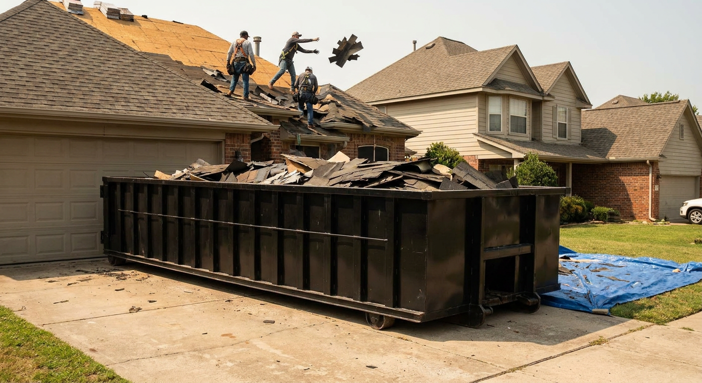 Matte-black roofing roll-off dumpster placed directly on a Gilbert residential concrete driveway, a tear-off crew on a two-story asphalt-shingle roof tossing shingle bundles into the low-walled container, bright daylight, documentary 35mm perspective.