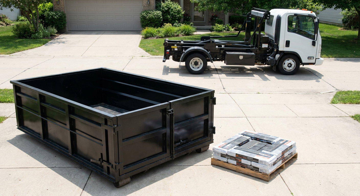 Matte-black 15-yard roofing roll-off dumpster with reinforced low side walls sitting directly on a Gilbert residential concrete driveway, three-tab asphalt shingle bundles stacked nearby, an unmarked white hauler truck partially visible at the edge of the frame.