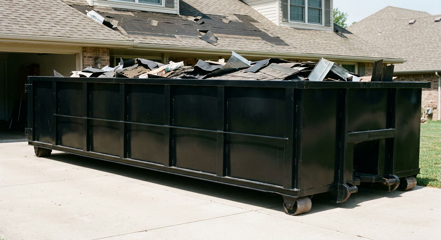 Matte-black 20-yard roofing roll-off dumpster with steel ribbed sides and swinging rear door, sitting directly on the concrete driveway of a two-story Gilbert home, asphalt shingle debris being loaded over the low wall, clean documentary lighting.