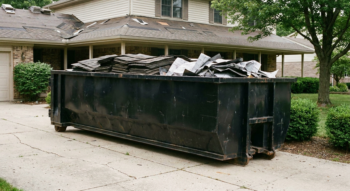 Matte-black 30-yard roofing roll-off dumpster sitting directly on a Gilbert concrete driveway, taller ribbed steel side panels, mixed tear-off debris of asphalt shingles and underlayment inside, professional documentary daylight.