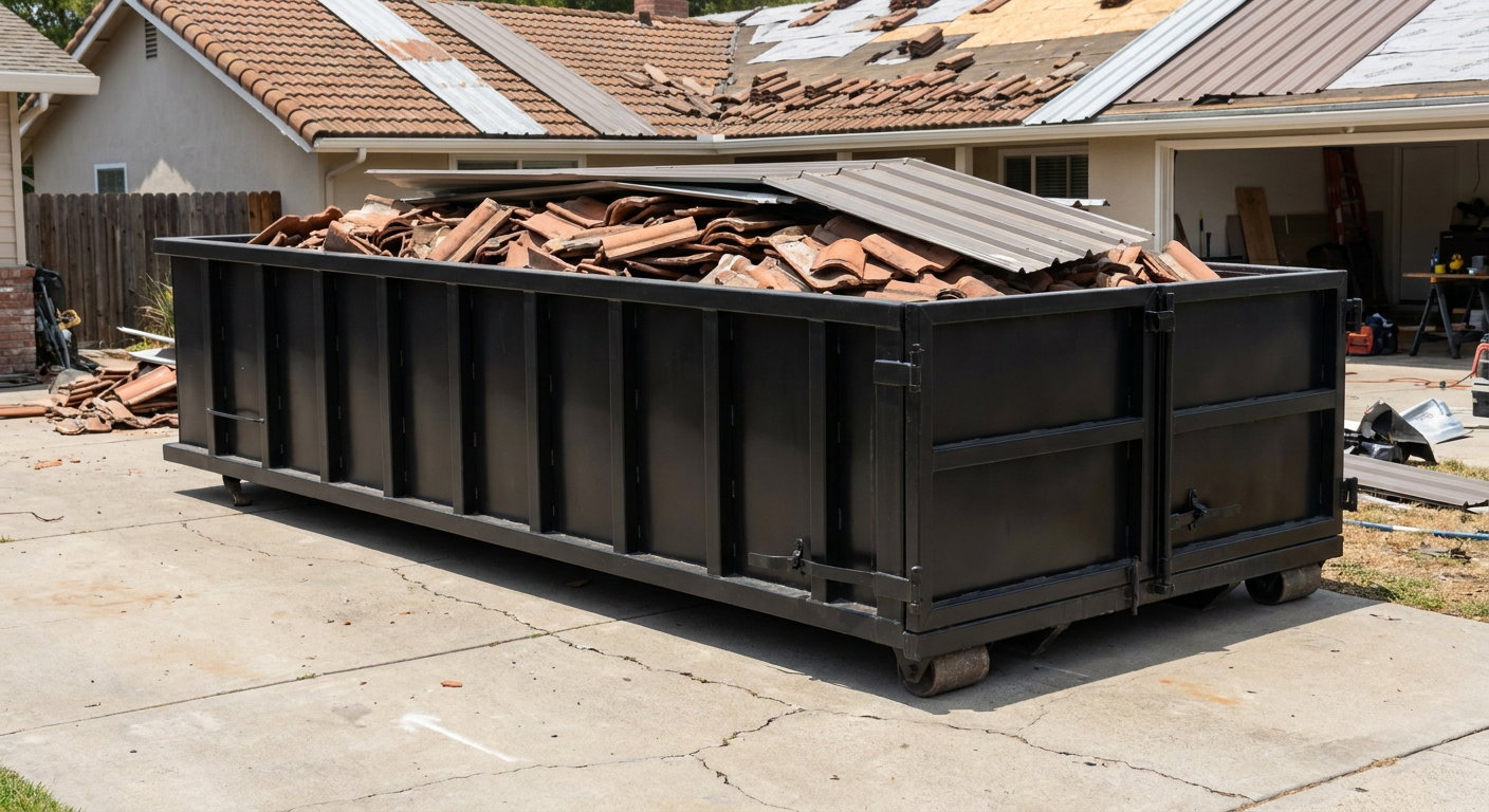 Matte-black low-wall heavy-debris roofing roll-off dumpster sitting directly on a Gilbert concrete driveway, broken concrete clay roof tiles and metal panel sections loaded inside, reinforced ribbed steel side walls visible, bright outdoor daylight.