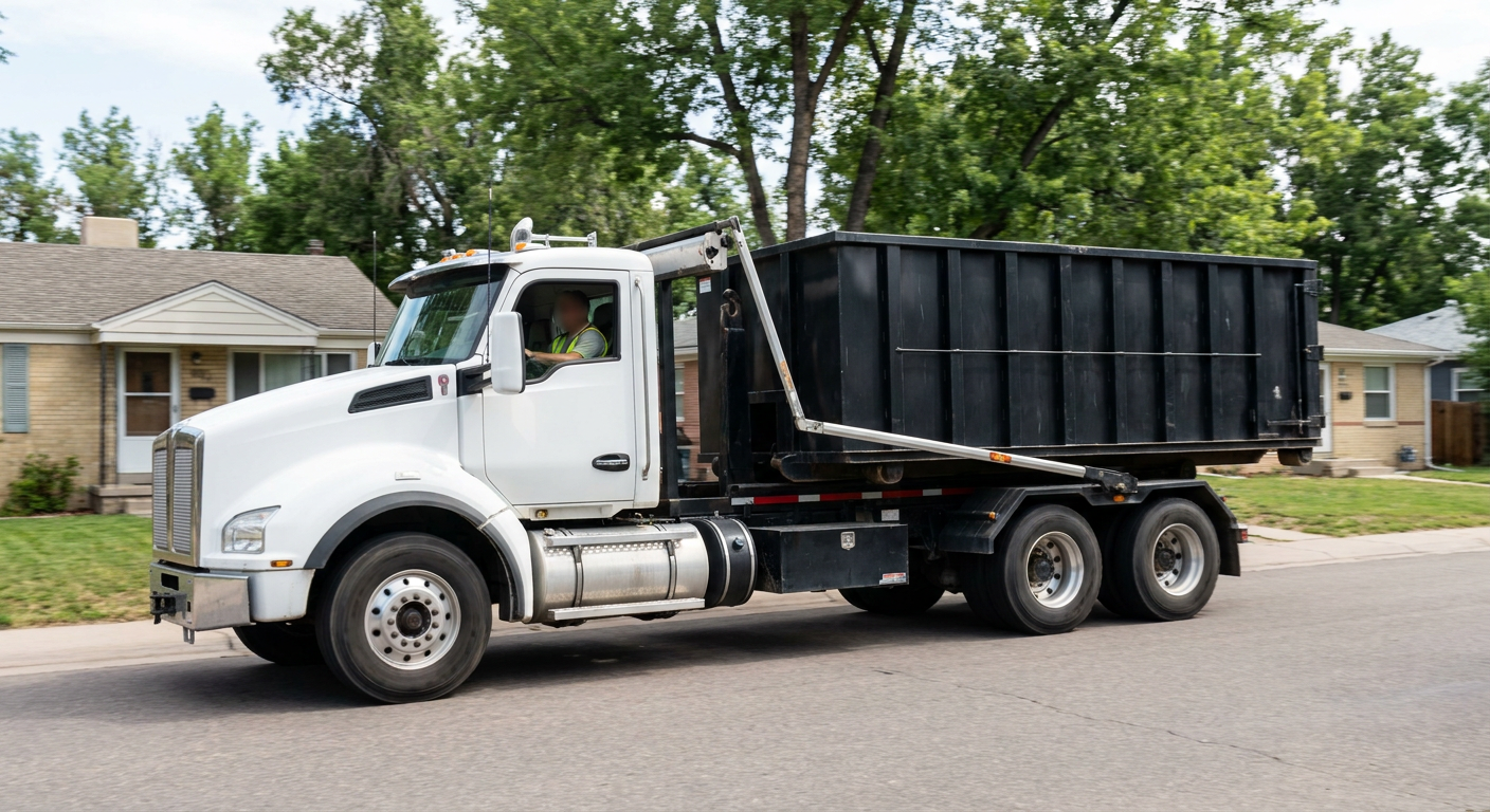 A wide documentary shot of a matte-black roll-off delivery truck pulling onto a quiet Gilbert residential street at mid-morning, with neighborhood rooftops and tree-lined blocks visible behind, showing the metro coverage footprint.