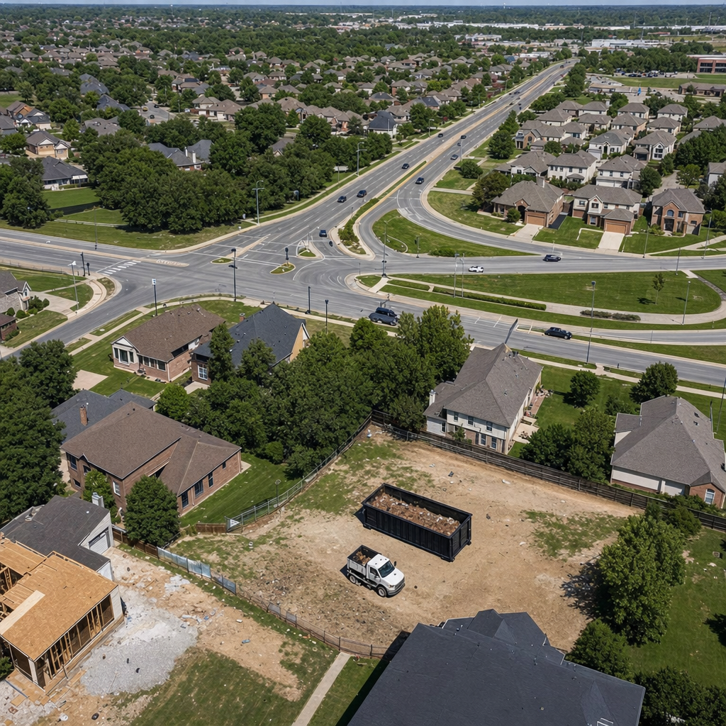 An overhead documentary view of the Gilbert metro area at midday, showing the spread of neighborhoods, arterial roads, and the dispatch radius from a central yard — clean daylight, organized geographic layout.