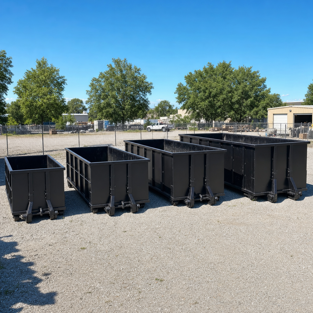 A clean lineup of matte-black roll-off dumpsters in 10, 20, 30, and 40-yard sizes staged on a sunlit gravel yard in Gilbert, showing the size progression from compact to commercial-scale containers.