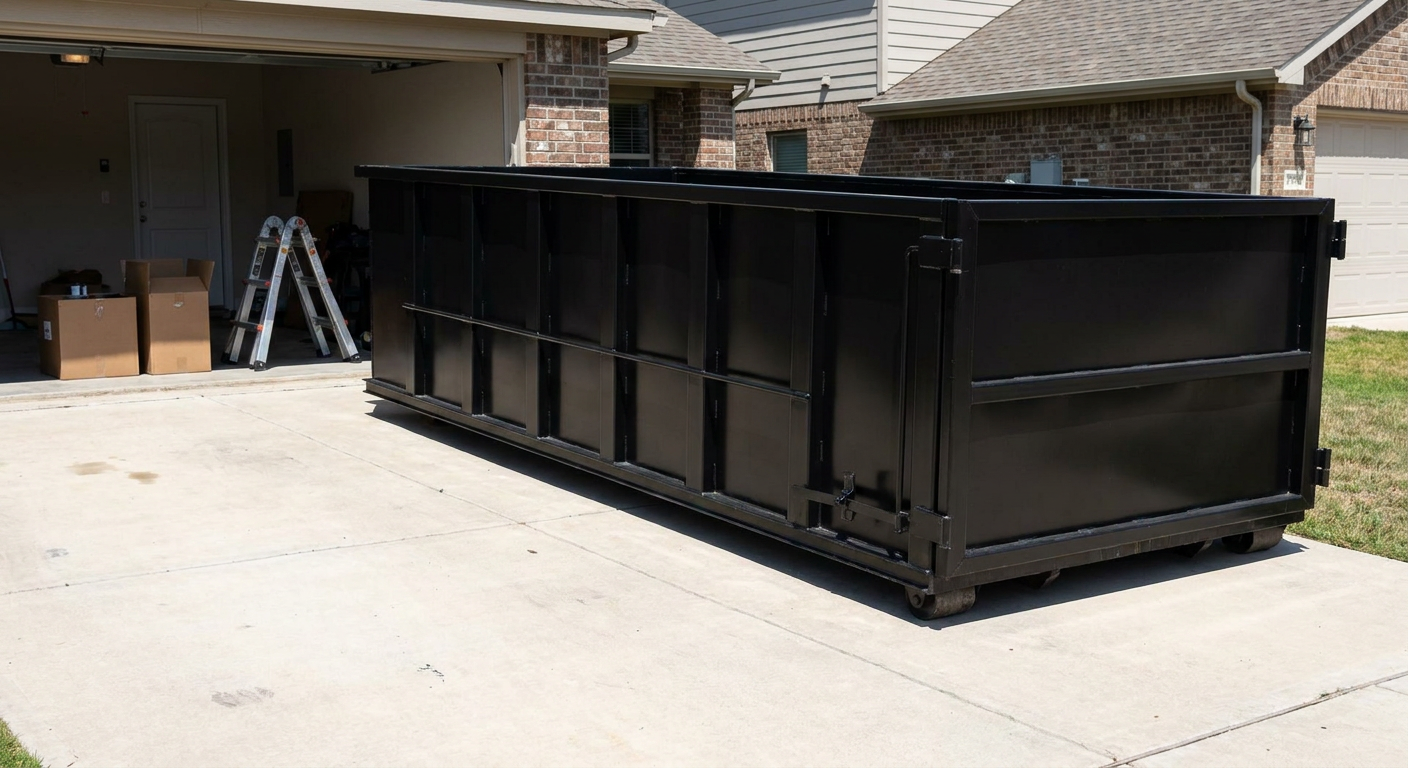 A matte-black 10-yard roll-off dumpster sitting directly on a residential Gilbert concrete driveway, mid-day sunlight, clean and ready for a garage cleanout.