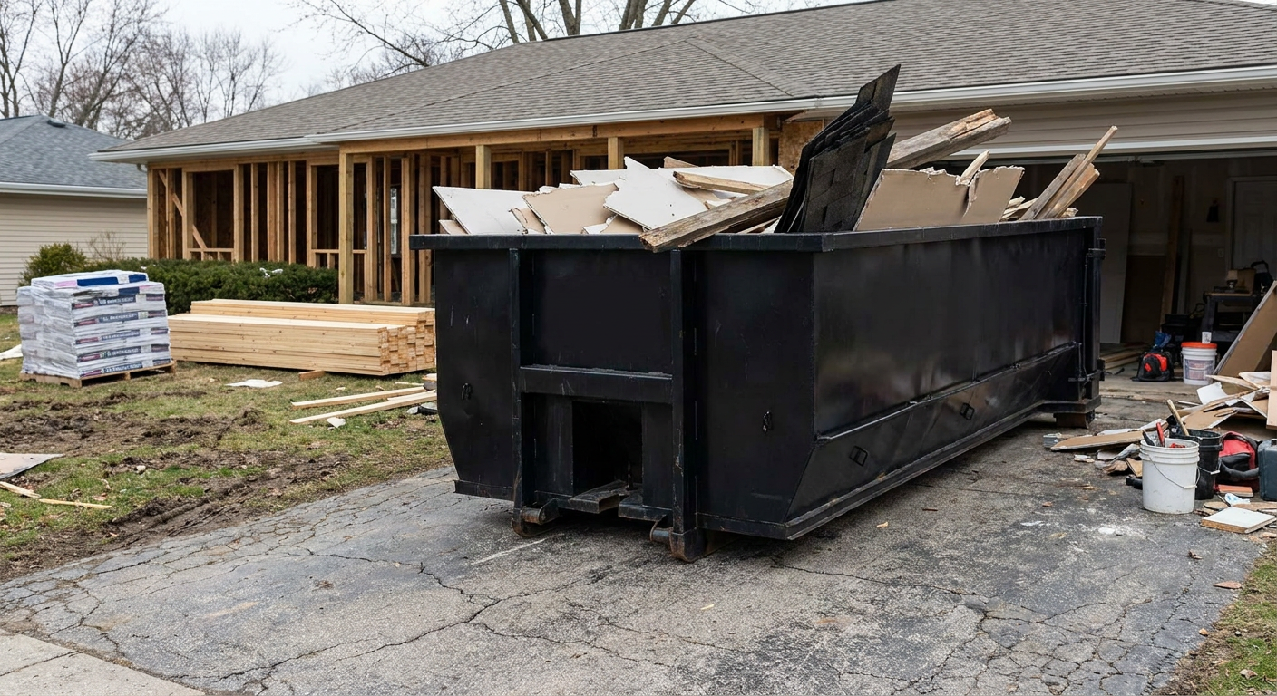 A matte-black 20-yard roll-off dumpster placed alongside a mid-renovation Gilbert home directly on the asphalt driveway, with framing materials and torn-off shingles staged neatly nearby.