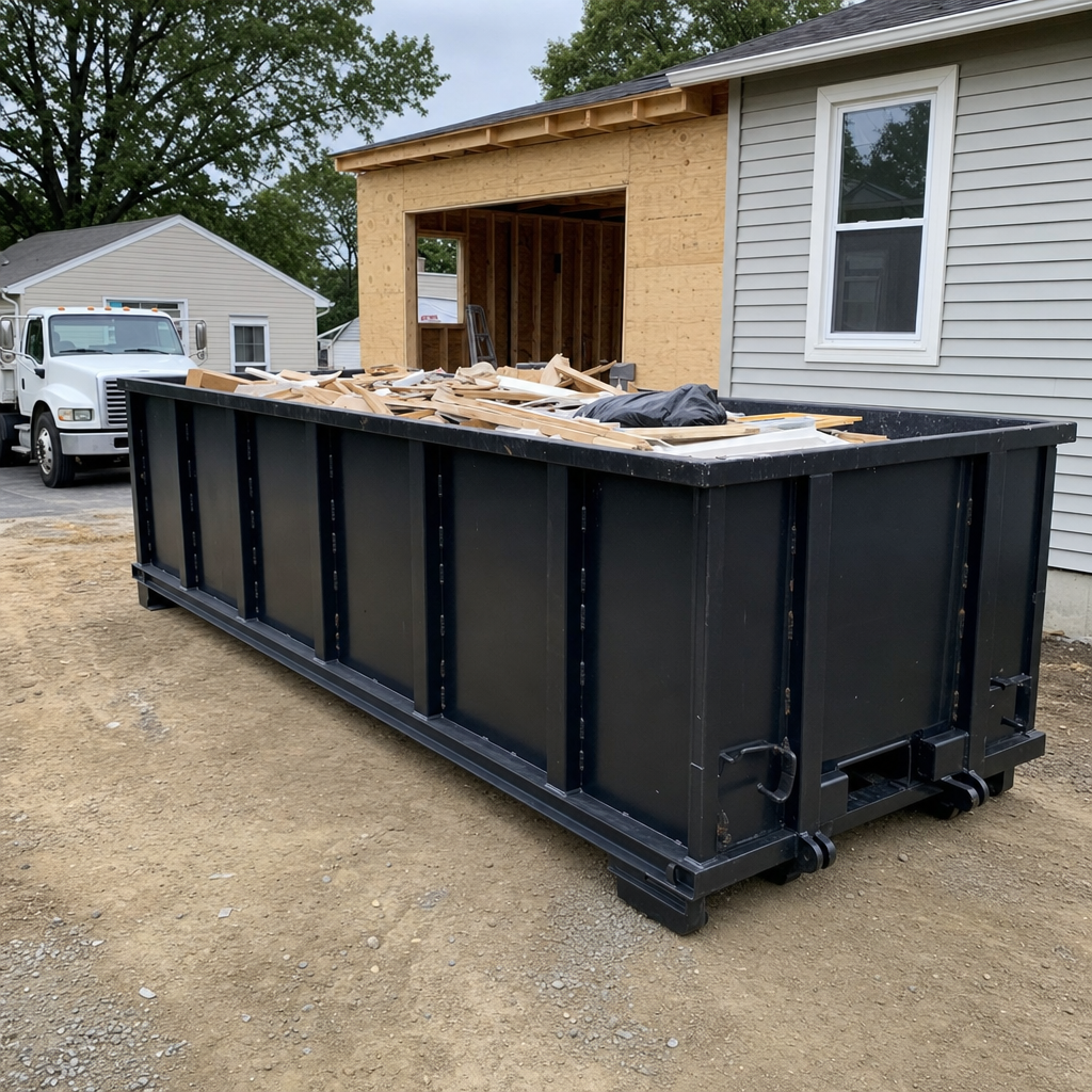 A matte-black 30-yard roll-off dumpster positioned at a Gilbert residential addition jobsite, with framing lumber and drywall scraps loaded through the open swinging rear doors.