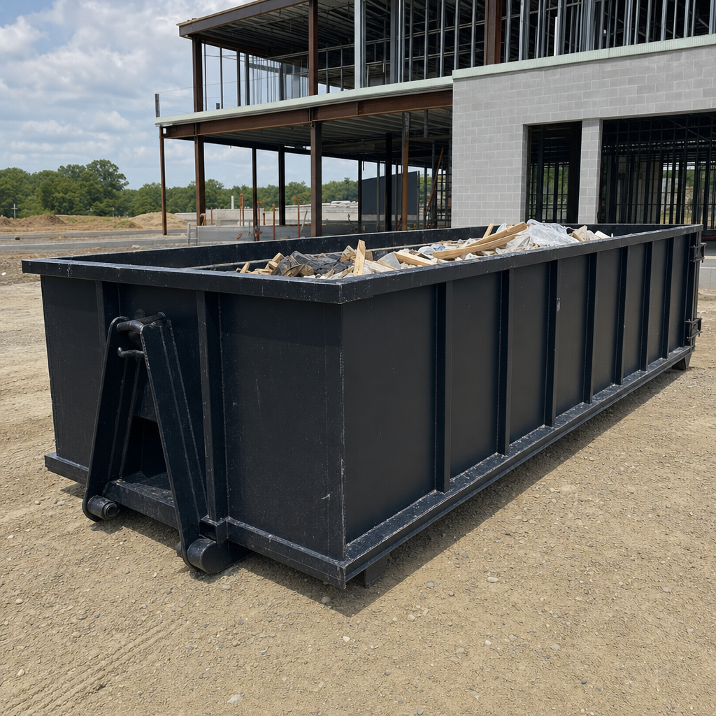 A matte-black 40-yard roll-off dumpster staged on a large Gilbert commercial construction lot, with a hooklift delivery truck parked alongside under bright midday sky.