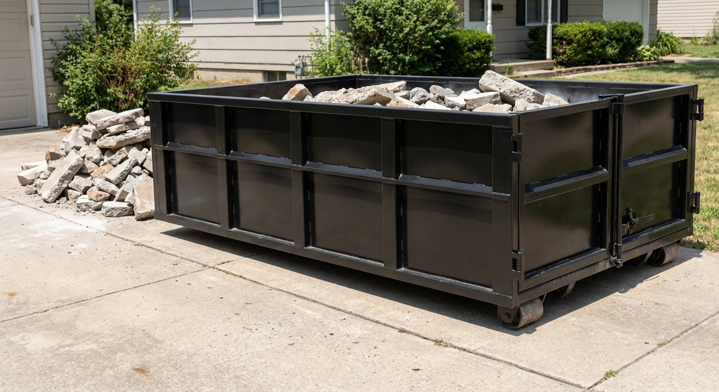 A matte-black low-side heavy-debris roll-off dumpster placed directly on a Gilbert concrete driveway, with broken concrete chunks neatly stacked beside it under clean daylight.